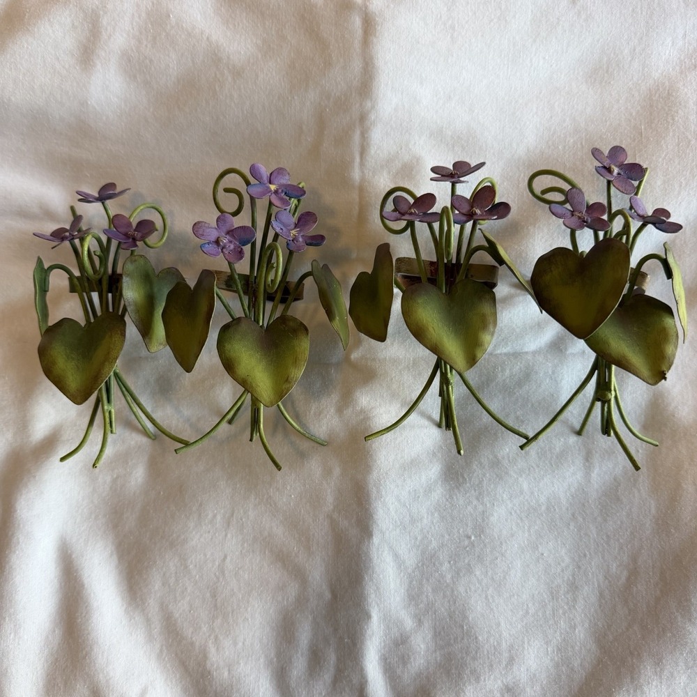 Set of 4 Metal Violet Flower Napkin Rings Heart Leaf‎ Rustic Cottagecore 4"